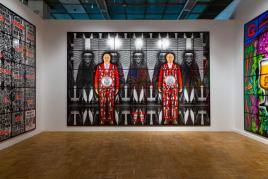 GILBERT & GEORGE AHEM, 2013 A SCAPEGOATING PICTURE, Mixed media 377 x 571 cm  Courtesy the artist and White Cube © Gilbert & George Diversity United. New Tretyakov Gallery, Moscow, installation view, November 2021 | Photo: Julia Zaharova / Tretyakov Gallery