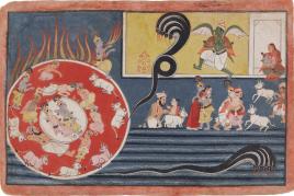 Szenen aus der Vor- und Nachgeschichte des Kaliyadamana. Folio 37 aus einer Bhagavata Purana-Serie, Indien, Bundelkhand, Orchha, ca. 1660–1670, Museum Rietberg, Sammlung Eva und Konrad Seitz, Inv.-Nr. 2021.129