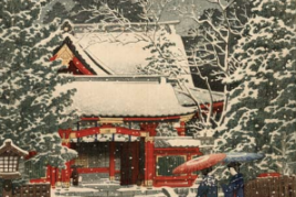 Kawase Hasui (1883-1957)  Zwei Frauen unter ihren Schirmen bei fallendem Schnee an einem Wintertag, unterwegs zum Haupteingang des Hie-Schreins in Chiyoda-ku in Tokio.