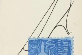 Andy Warhol Blue US Airmail Stamp & Shoe, 1962 7.5" x 5.625" Acrylic & Ink on Paper