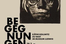 BEGEGNUNGEN – Käthe Kollwitz zu Gast im Museum Ludwig. Plakat zur Präsentation im Museum Ludwig (28.2.-4.6.2023). Motiv: Käthe Kollwitz, Selbstbildnis von vorn, 1922/23, Holzschnitt, Kn 193, Museum Ludwig, Grafische Sammlung. Reproduktion: RBA, Köln. Gestaltung: Christian Nitz