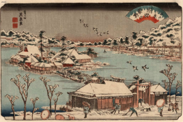 Keisai Eisen (1790-1848)  Ansicht des Benten-Schreins auf der kleinen Insel im Shinobazu-Teich in Ueno, an einem Winterabend im Schnee.  Titel: Shinobugaoka no bosetsu (Abendschnee in Shinobugaoka, d. i. am Shinobu-Hügel)