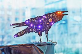 Abb. Kelly Heaton, “Analog Electronic Crow”, 2022, Custom printed circuit board with electronics, Photo detail of "Circuit Garden," 2022 by Jason Wyche, courtesy Brookfield Arts