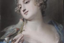 Rosalba Carriera, Eine Dame mit einem Papagei auf der rechten Hand (Allegorie der Beredsamkeit), um 1725/30 Pastell auf Papier 54,5 x 41 cm © Gemäldegalerie Alte Meister, Staatliche Kunstsammlungen Dresden, Foto: Elke Estel/Hans-Peter Klut