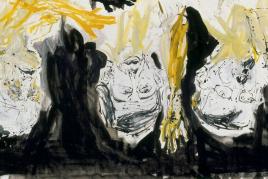 Georg Baselitz, The Bridge Ghost´s Supper, 2006 gelbe Personen auf dem Kopf vor schwarzem Hintergrund