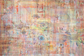 Mandy El-Sayegh, Net-Grid (Blessing), 2023.Oil and acrylic on linen with collaged and silkscreened elements. 235 x 225 cm (92.5 x 88.6 in).© Mandy El-Sayegh’s studio. Photo: Damian Griffiths.