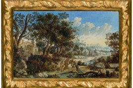 Lot 25 Wanderer in südlicher Landschaft (Die Flucht nach Ägypten) Pedro Onofre Cotto Ferrer (1669 – 1713) Schätzpreis: 4.000 € - 12.000 € Ergebnis: 21.420 €