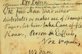 THE DAWN OF THE AMERICAN REVOLUTION STAMP ACT CRISIS [THE SONS OF LIBERTY – LAMB, John (?) (1735 ‐ 1800).] Autograph document signed (“Vox Populi”), [New York, 23‐24 October 1765]. One page, 156 x 192mm., on laid paper Estimate: $4,000,000-6,000,000