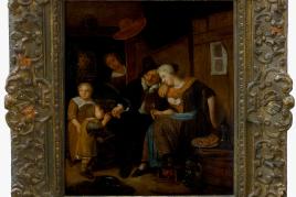 Brakenburgh, Richard (1650 Haarlem - 1702 ebd.) Interieur mit Familie. Öl auf Leinwand, doubliert. 34,3 x 28,5 cm. Rechts unten signiert. Gerahmt. Mit Gutachten von Roswitha von der Reck, München, vom 6. 6. 1988. - Brakenburgh war Schüler von Adriaen van Ostade, Jan Steen und Henrik Mommers.