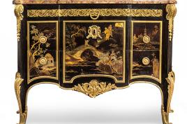 Extrem seltene Kommode mit Chinoiserie-Lackpaneelen und feuervergoldeten Bronzebeschlägen,  Frankreich, Louis XV, um 1765, gestempelt F.J.Leleu und J.M.E.