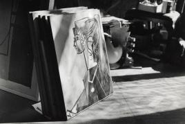 André Villers (1930-2016), L’atelier de Picasso, avec tableau portrait de Sylvette, 1954. Gelatin silver print. Image: 10⅜ x 14¼ in (26.5 x 36.2 cm). Estimate: £800-1,200. Offered in Picasso Ceramics until 1 July 2024 at Christie’s Online. Artwork: © Succession Picasso / DACS, London 2024