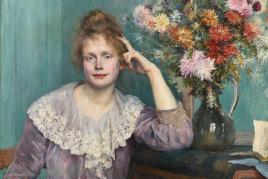 Louise Breslau (1856–1927) Jeune femme et chrysanthèmes – Porträt von Mina Carlson-Bredberg, 1890 Öl auf Leinwand 95 x 91,5 cm Privatbesitz, Zürich Foto: Kulturmuseum St. Gallen, Michael Elser