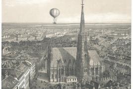 Die Lithografie „Wien aus dem Luftballon gesehen – von Südwesten“ ist das neue besondere Objekt im Prunksaal © Österreichische Nationalbibliothek