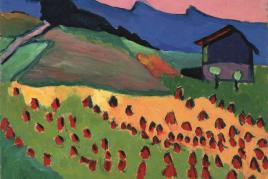 Gabriele Münter Landschaft mit Hütte im Abendrot, , 1908, Öl auf Papier auf Karton , 33 x 40,8 cm, Kunstsammlungen Chemnitz – Museum Gunzenhauser, Eigentum der Stiftung Gunzenhauser, Chemnitz, Foto: Kunstsammlungen Chemnitz/László Tóth © VG Bild-Kunst, Bonn 2020