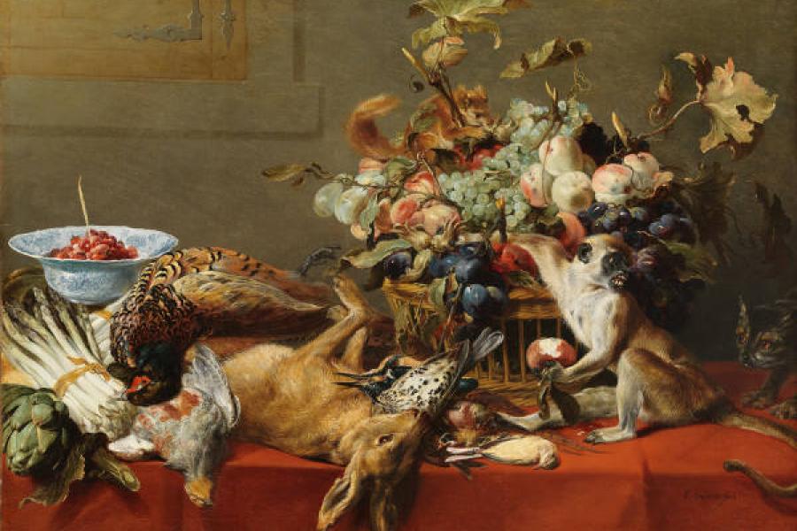 Frans Snyders (1579–1657) Stillleben mit Früchten, Wild und Gemüse sowie ein lebender Affe, ein Eichhörnchen und eine Katze, um 1635/40  Öl auf Leinwand; 81 x 118 cm Sign. unten rechts: F. Snyders fecit Hohenbuchau Collection, Inv.-Nr. HB 87. © LIECHTENSTEIN MUSEUM. Die Fürstlichen Sammlungen, Wien