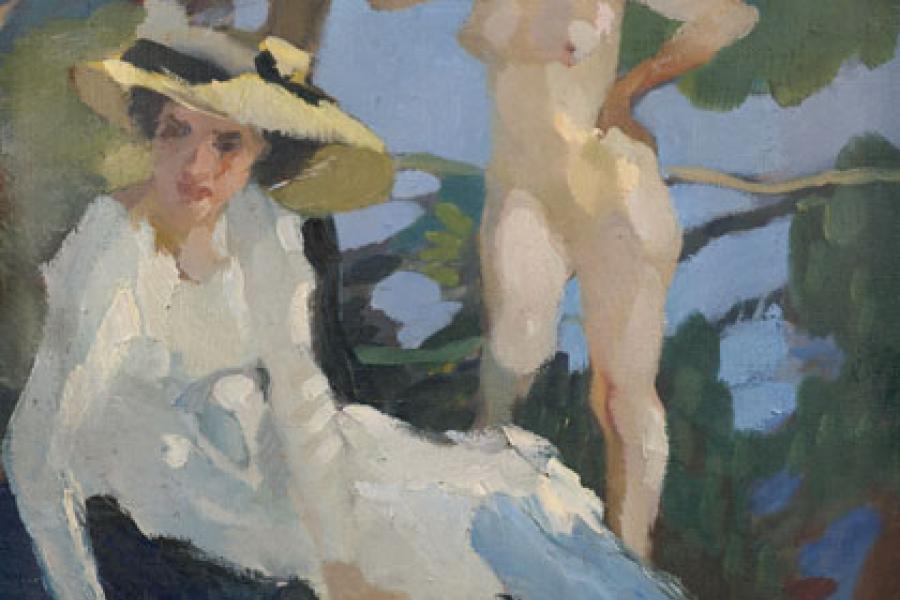 Leo Putz (1969 - 1940)  Zwei Damen in einer Waldlichtung Öl auf Leinwand. Signiert 70 x 78 cm