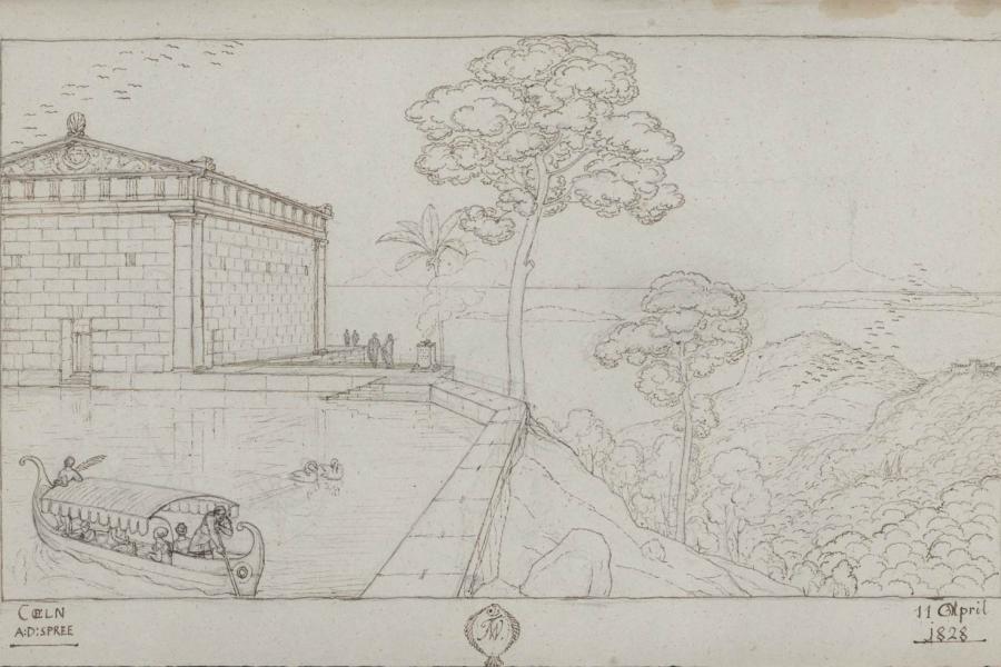 Klassische Landschaft mit Tempel  Friedrich Wilhelm IV., 1828, Bleistift, Feder in Braun © SPSG