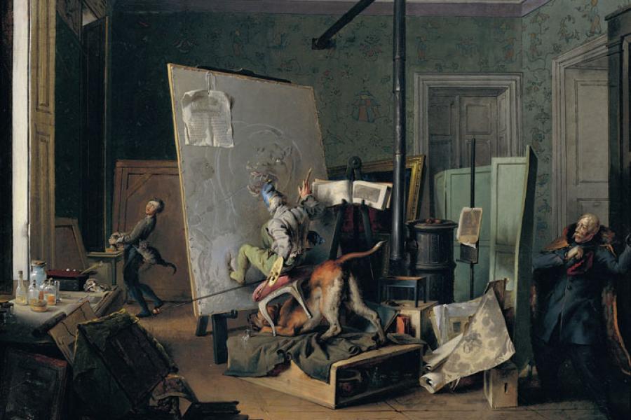 Josef Danhauser  Komische Szene im Atelier , 1829  Öl auf Leinwand  40,3 x 52 cm  Belvedere, Wien  © Belvedere, Wien