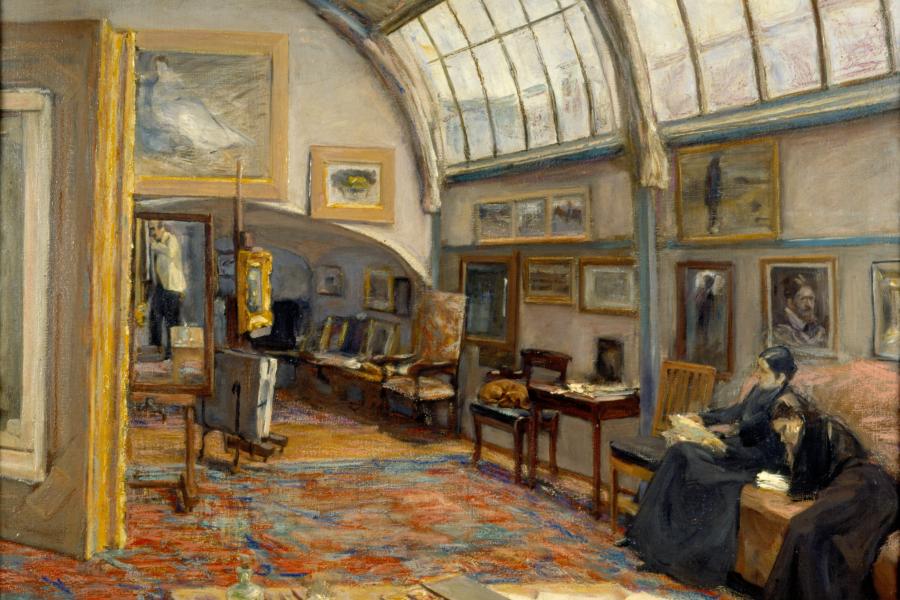 Max Liebermann, Atelier des Malers am Brandenburgertor in Berlin, 1902, Öl auf Leinwand, 68,5 x 82 cm, Kunstmuseum St. Gallen, von der Ernst Schürpf-Stiftung erworben 1951, © Kunstmuseum St. Gallen; English: Max Liebermann, The Painter's Studio at Brandenburg Gate in Berlin, 1902, oil on canvas, 68,5 x 82 cm, Kunstmuseum St. Gallen, acquired by the Ernst Schürpf Foundation in 1951, © Kunstmuseum St. Gallen