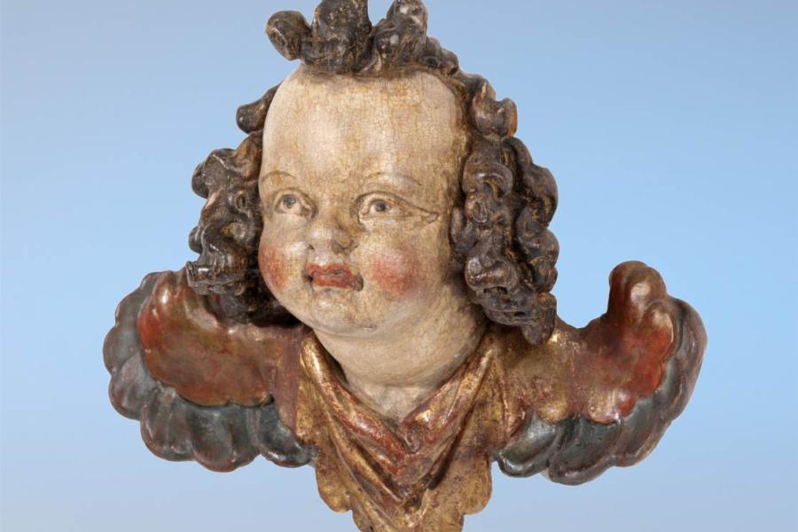 Engelskopf, Hans Zürn um 1620, Originalfassung, H: 22 cm (Kössl Kunst & Teppich)