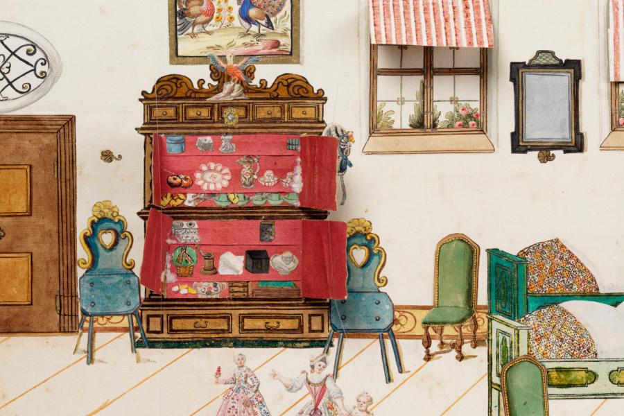 Balthasar Koch, Kinderzimmer (Detail geöffneter Schrank) Klebealbum, Aquarell und Kupferstich,1782, Privatbesitz