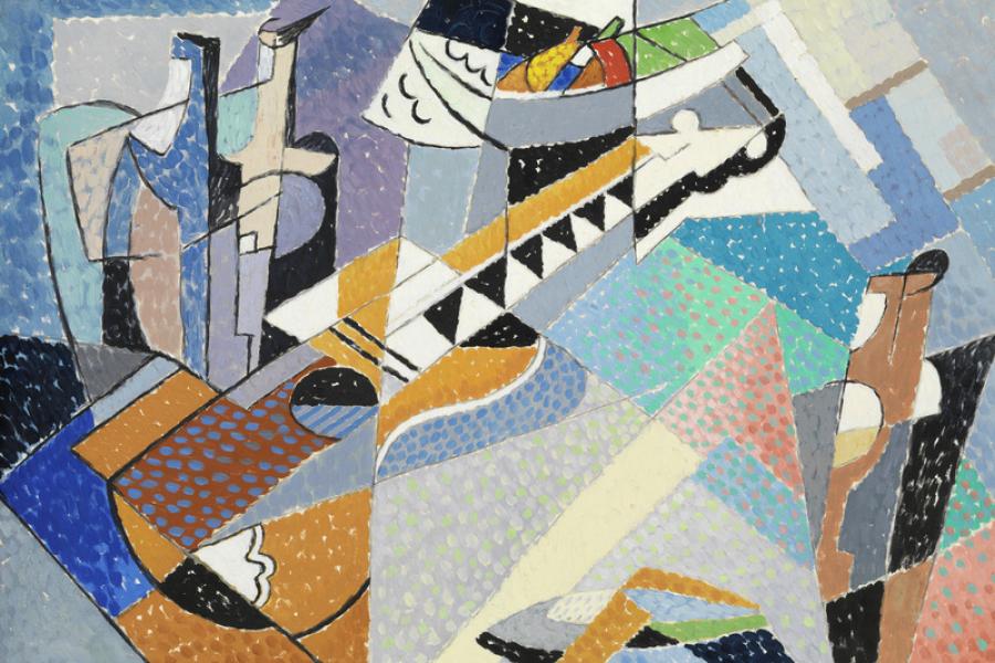 GINO SEVERINI Cortona 1883-1966 Paris     "Nature morte à la guitare"     Entstanden in Paris um 1955. Unten rechts signiert "G. Severini". Rückseitig auf der Lwd. signiert "G. Severini" und bezeichnet "Nature morte à la guitare". Öl auf Lwd., 46 x 61,5 cm     Schätzung: CHF 200‘000/300‘000 bzw. EUR 170’000/250’000