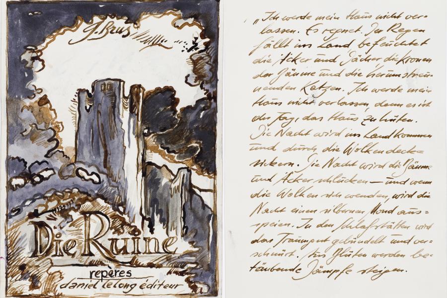 Günter Brus, Die Ruine, 1984  Schwarze und braune Tusche auf Papier, 37teilig, 21 x 15 cm Privatbesitz