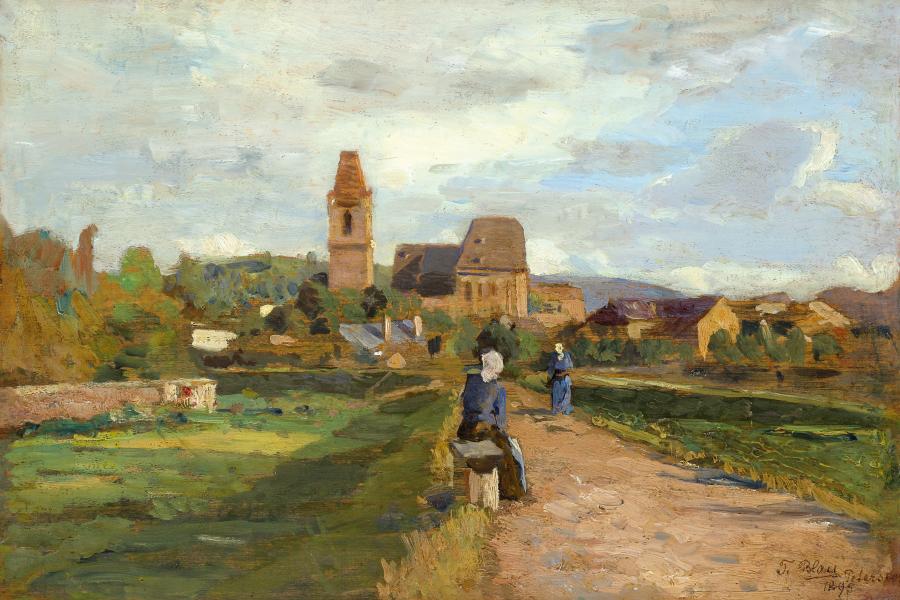 Tina Blau (Wien 1845 – 1916 Wien) Blick auf Perchtoldsdorf Öl auf Holz signiert, bezeichnet und datiert 1895 17,8 x 26,8 cm  Zur Verfügung gestellt von: Galerie Szaal