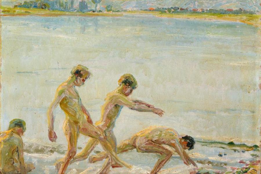 Georg Gelbke "Laufende Jungen am Wasser." Wohl um 1910.  	50,3 x 60,3 cm. 			2400 €