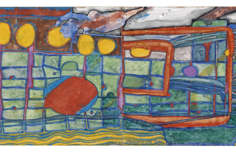 Friedensreich Hundertwasser, Das Postschiff kommt, 23 x 66 cm, erzielter Preis € 215.380  Fotonachweis: Dorotheum