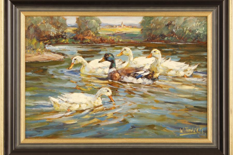 KatalogNr: 581 - Standort: Hamburg Willy Tiedjen (1881-1950), Öl/Malkarton., "Enten auf See", signiert unten rechts "W. Tiedjen", rückseitig bezeichnet "Enten im Wasser", 37x55cm, gerahmt (50x68cm) RP: 580,00 €