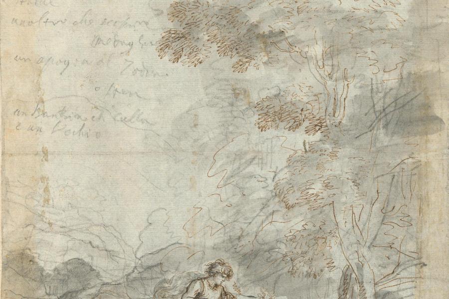 Stefano della Bella (1610 – 1664) Reiter in einer Flusslandschaft, 1650/55 Feder in Braun über schwarzem Stift, grau laviert, 285 x 192 mm © Hamburger Kunsthalle / bpk Photo: Christoph Irrgang