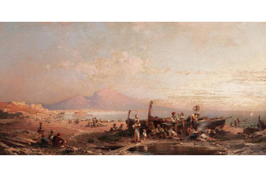 Franz Richard Unterberger Strand von Neapel mit dem Vesuv Öl/Lw., 40,5 x 82,5 cm, l. u. sign. F. R. Unterberger, verso bez. 'Molo di Napoli Italia' sowie erneut sign. - Österreichisch-Belgischer Landschaftsmaler. U. studierte an der Münchener Akademie bei C. von Zimmermann u. J. Lange, danach in Weimar. Limitpreis: 30.000,00 €