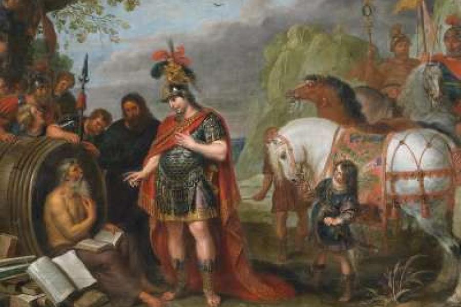 462 VOS, CORNELIS DE 1585 Hulst - 1651 Antwerpen - zugeschrieben  Diogenes vor Alexander dem Großen. Öl auf Leinwand. Doubliert. 170 x 213cm. Rahmen.  Gutachten: - Ein Gutachten Details  Taxe: 70.000 – 100.000 €