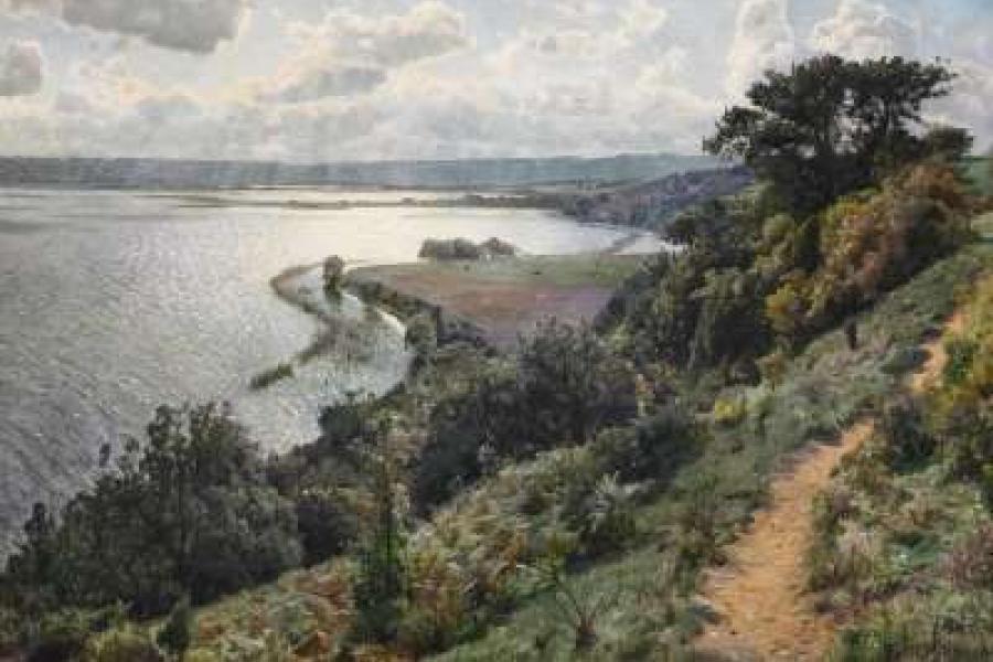 835 MONSTED, PEDER MORK 1859 Grenaa - 1941 Kopenhagen  Dänische Seenlandschaft bei Tulstrup. Öl auf Leinwand. 88,5 x 131cm. Signiert und datiert unten rechts: P. Monsted / Tulstrup 1934. Rahmen. Details  Taxe: 40.000 – 50.000 €