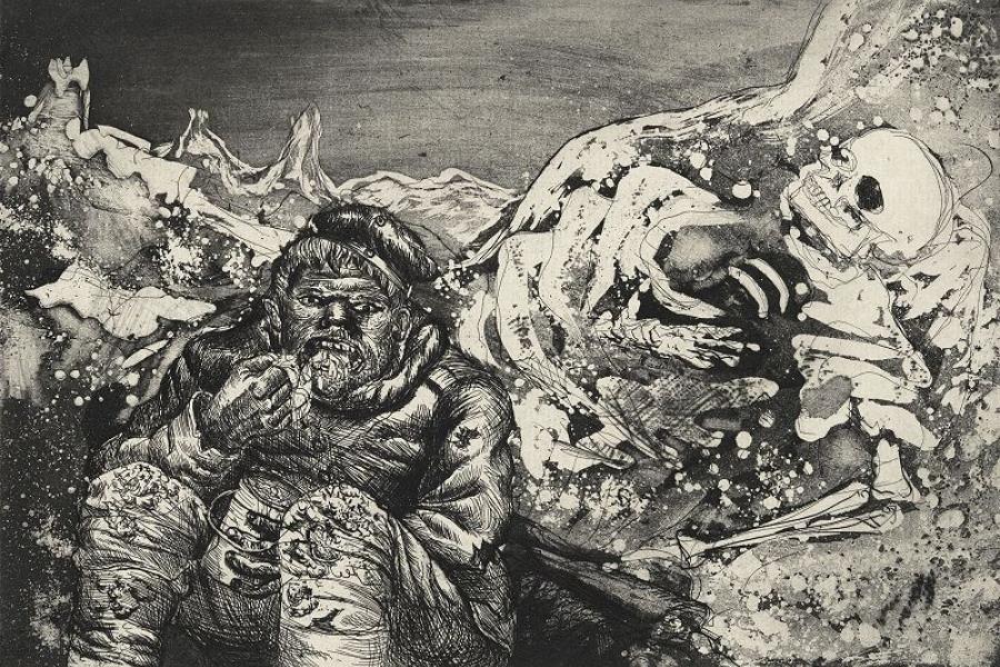 Otto Dix Mahlzeit in der Sappe (Lorettohöhe),1924 Radierung, 353 x 475 mm © Hamburger Kunsthalle / bpk Photo: Christoph Irrgang