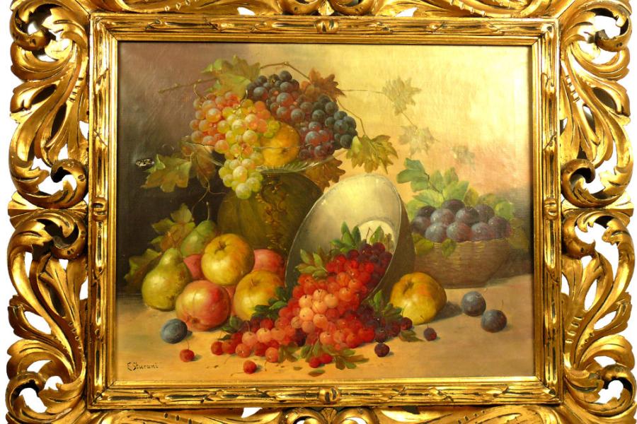 E. Sturani. Sign. Italienisches Stillleben mit reifen Früchten des Südens. Maße mit Rahmen 86 x 99 cm. Lw.  Ausrufpreis: 200,00