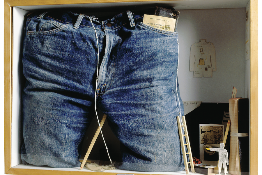 Déserteur de la Légion [Deserter from the Légion], 1974 Mixed media, cardboard, blue jeans, 1964 pocket diary, small wooden ladders, notebook, objects, wood, glass 50x70x16 cm © Fondazione Baruchello, Rome