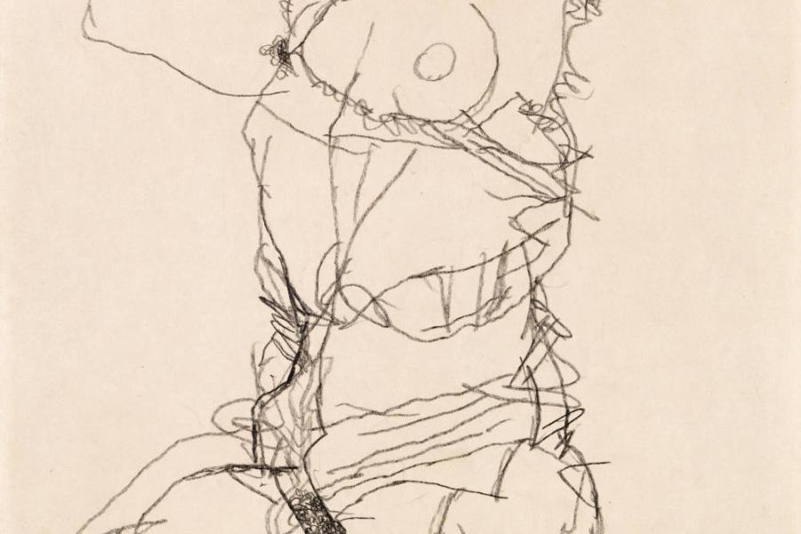 Egon Schiele Schätzpreis € 80.000 - 160.000 (Tulln 1890 - 1918 Wien) Junge Frau in Unterwäsche mit erhobenen Armen, 1914