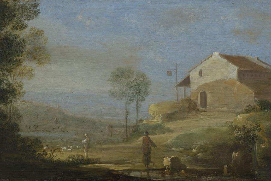 Carel de Hooch (um 1600/06 – 1638), Italienische Landschaft mit Brücke, um 1630/35, Eichenholz, 9,3 x 16,2 cm © Bayerische Staatsgemäldesammlungen, Alte Pinakothek, München