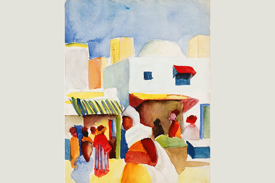 August Macke, Markt in Tunis I, 1914, Aquarell und wenig Deckweiss über Bleistift auf Aquarellkarton, 29 x 22,5 cm, Privatsammlung, courtesy Thole Rotermund Kunsthandel, Hamburg © LWL-MKuK/Rudolf Wakonigg