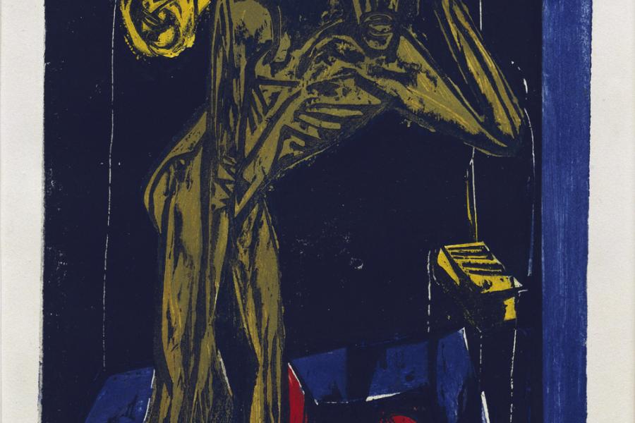 Ernst Ludwig Kirchner: Schlemihl in der Einsamkeit des Zimmers, 1915 Holzschnitt in Schwarz. Rot, Gelb, Braun und Blau 33, 3 x 23,8 cm Inv.-Nr. F 122 e, Dube H 266 Brücke-Museum Berlin Karl und Emy Schmidt-Rottluff Stiftung