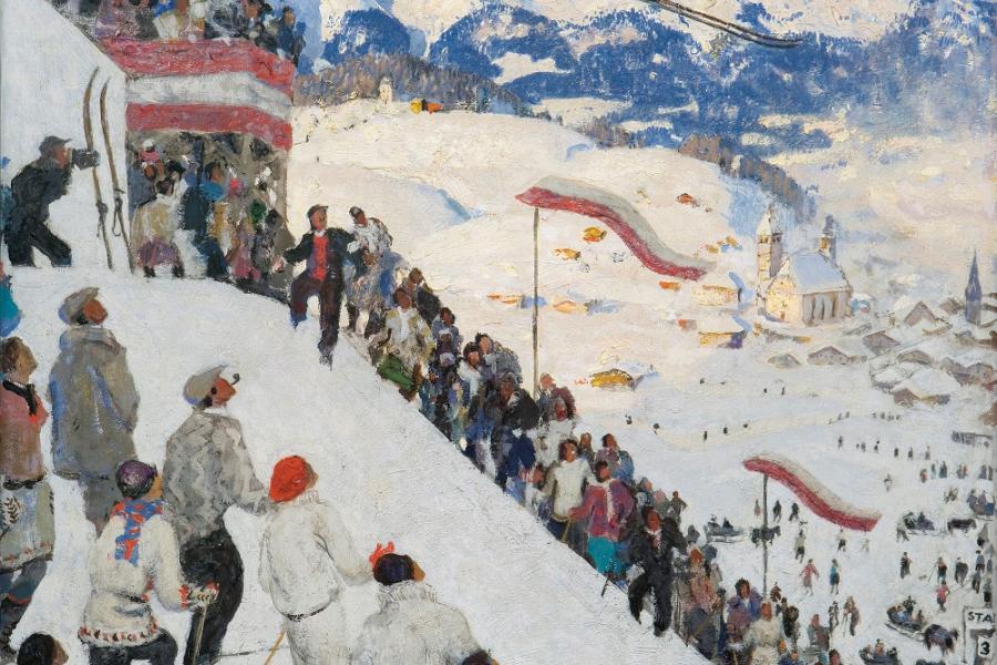 Alfons Walde,  „Grubschanze bei Kitzbühel“, 1925, Tempera auf Karton, 56,5 x 45 cm, signiert rechts unten: Walde  Foto: W&K Wienerroither & Kohlbacher