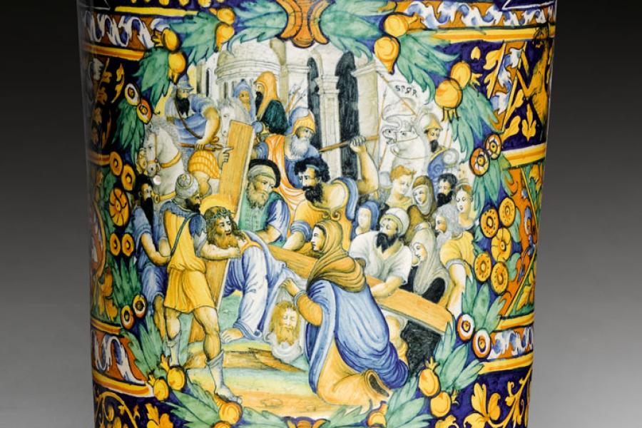 MAIOLICA ISTORIATO ALBARELLO A QUARTIERI, Faenza, um 1550. H 48 cm. Je CHF 90 000 / 120 000