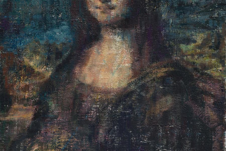 4_13 (Mona Lisa) 37 x 24 cm Öl auf Leinen 2013 Courtesy ASPN Leipzig © VG-Bild-Kunst, Bonn 2014 [Nach: Leonardo Da Vinci, Mona Lisa, 77 x 53 cm, Öl auf Pappelholz, 1503-1517, Louvre, Paris, Frankreich. In: Frank Zöllner, Leonardo da Vinci, Köln 2007, S. 155.]