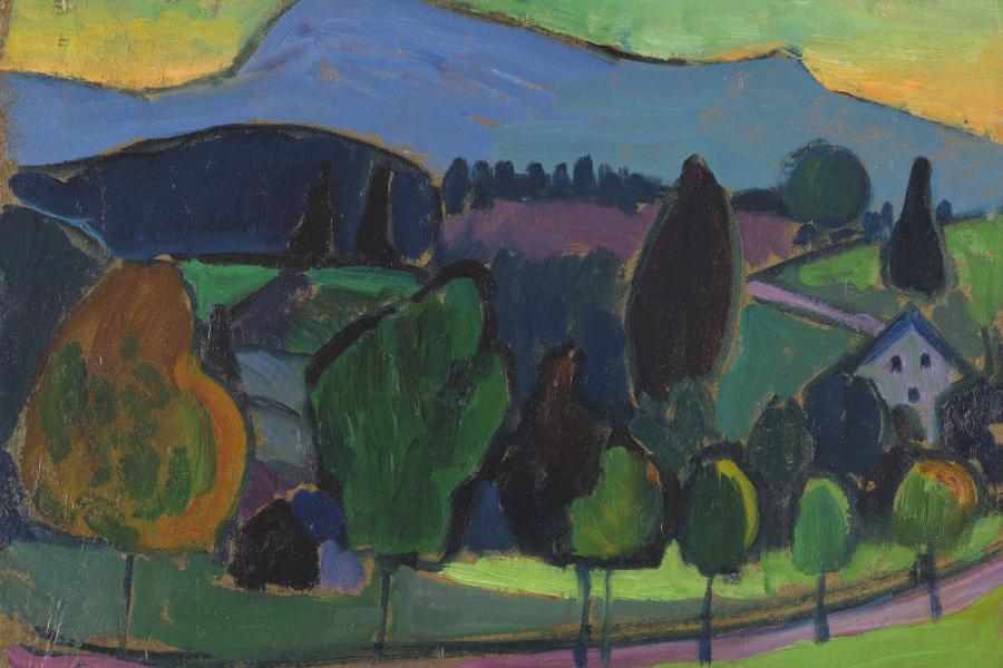 Gabriele Münter Der Blaue Berg, Öl auf Malpappe, 1908 25,7 x 34,7 cm (10.1 x 13.6 in) Schätzpreis: € 250.000-350.000