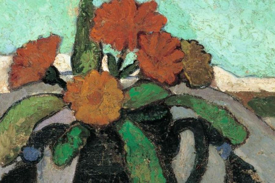 PMB Stillleben mit Ringelrosen vor Landschaft 1907 Privatbesitz web Paula Modersohn-Becker: Stillleben mit Ringelrosen vor Landschaft, 1907, Privatbesitz