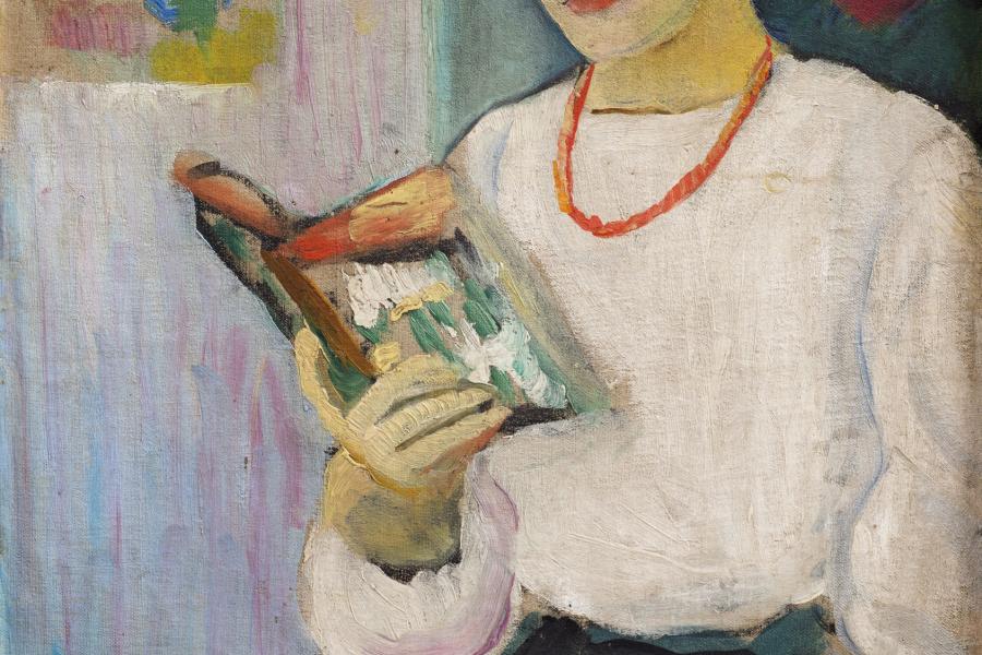 August Macke Elisabeth mit buntem Buch, 1910 Öl/ Lwd., 39 x 28,5 cm August Macke Haus Dauerleihgabe aus Privatbesitz