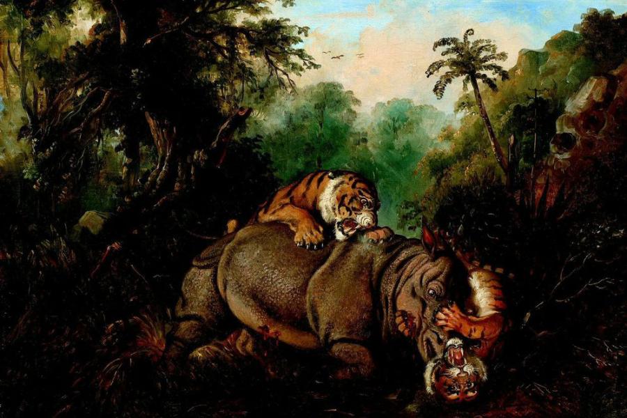 Raden Saleh Ben Jaggia  Kampf zwischen einem Rhinozeros und zwei Tigern | 1840 | Öl auf Leinwand | 48 x 60cm  Ergebnis: 563.200 Euro