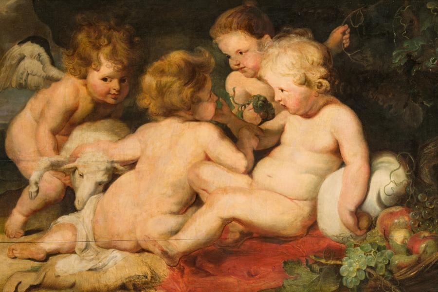 Peter Paul Rubens Nachfolger Schätzpreis € 3.000 - 5.000 (Siegen 1577-1640 Antwerpen) Jesus, Johannes und zwei Engel, 19. Jahrhundert Öl auf Holz, parkettiert; 76 × 122 cm